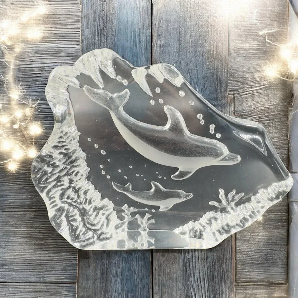 Vintage Clear Crystal Glass Plaque‎ Paperweight Dolphins Figurine Decorative VTG